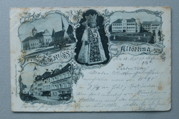 AK Gruss aus Altötting / 1897 / Mehrbildkarte / Gnadenbild / Gasthof Scharnagel u Engl Frl Institut / Engl Fräulein Institut / Kapellenplatz